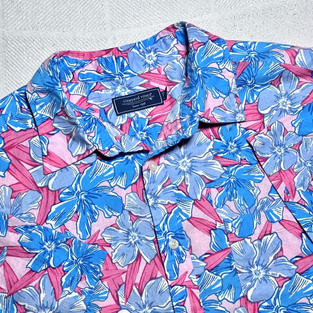 Vineyard Vines Button Shirt Mens XL Floral Hibscus Tropical Aloha Pink Blue